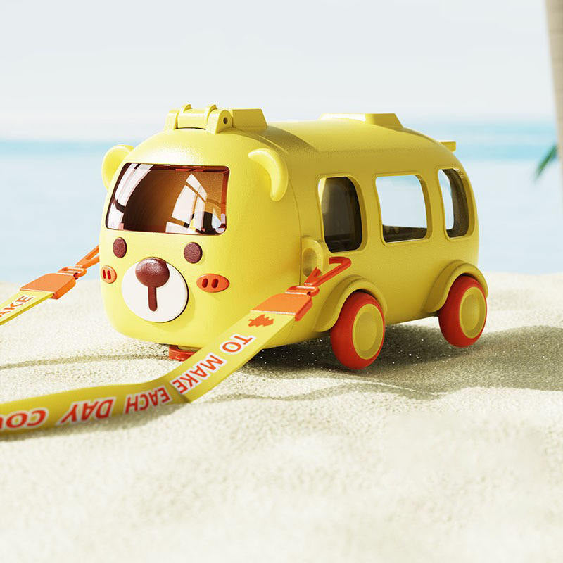 Bus car drinking plastic water bottle with straw/strap