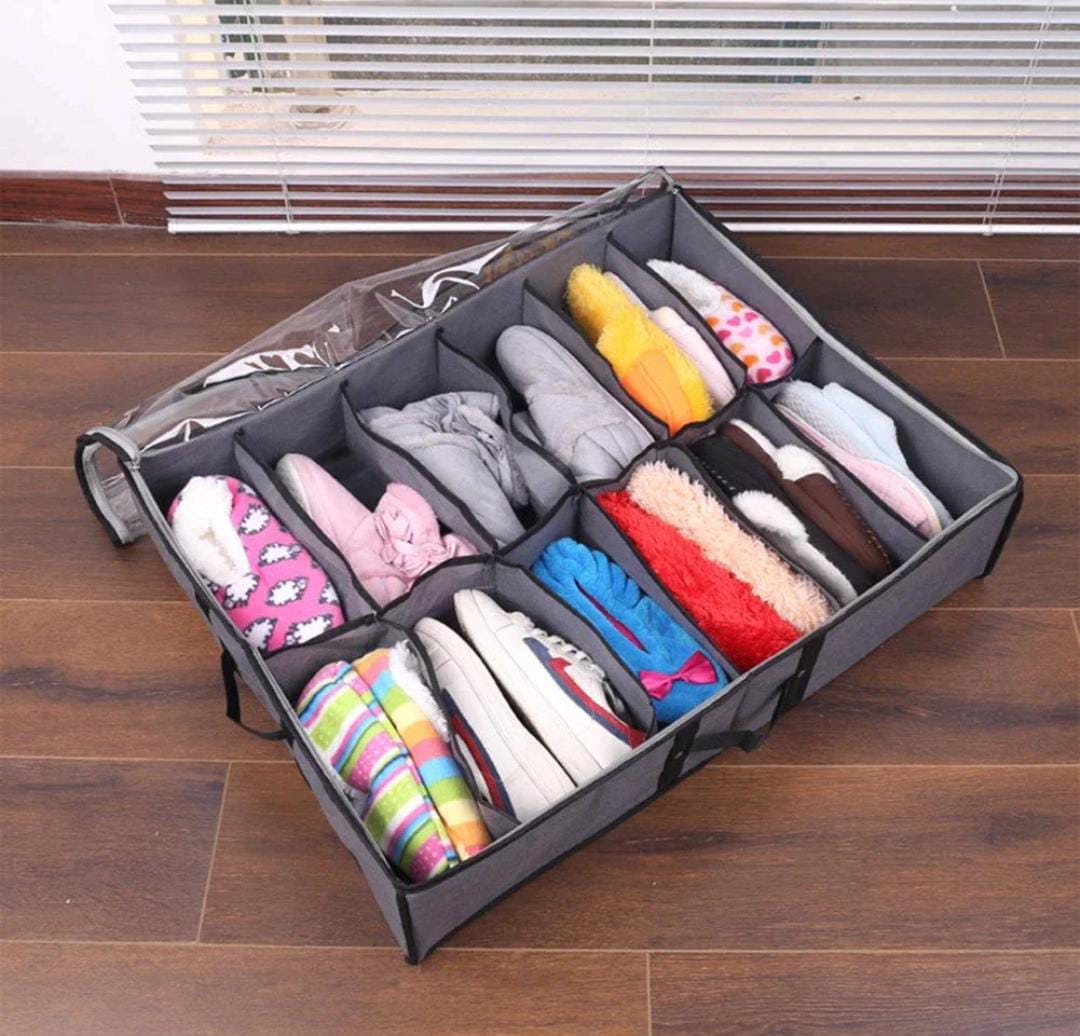 12 Pairs of Shoes Under Bed Shoe Organizer Bag Hard Solid Fabric with Clear Plastic Zip Cover Store up to