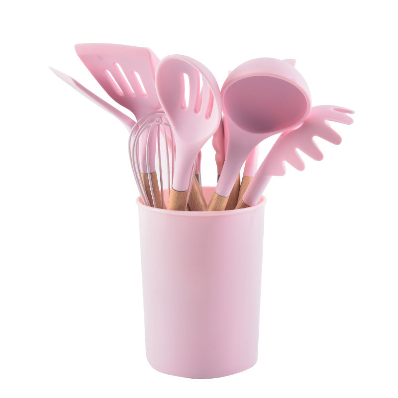 12 Pcs Silicone Kitchen Set Wooden Handle and Storage Box.