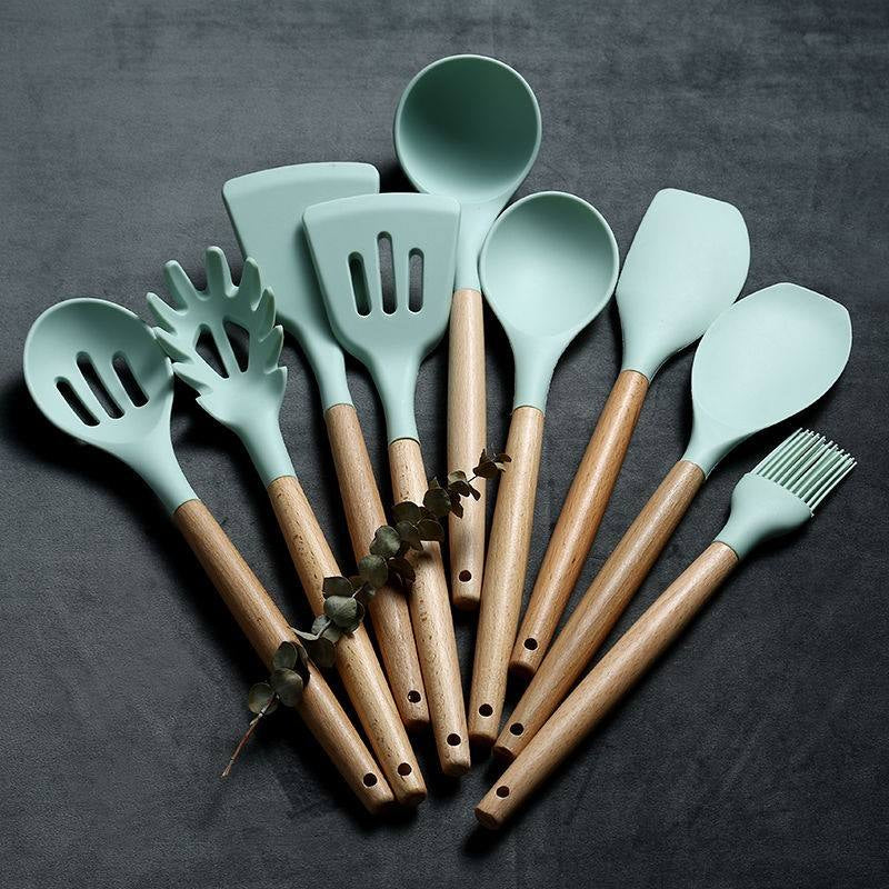 12 Pcs Silicone Kitchen Set Wooden Handle and Storage Box.