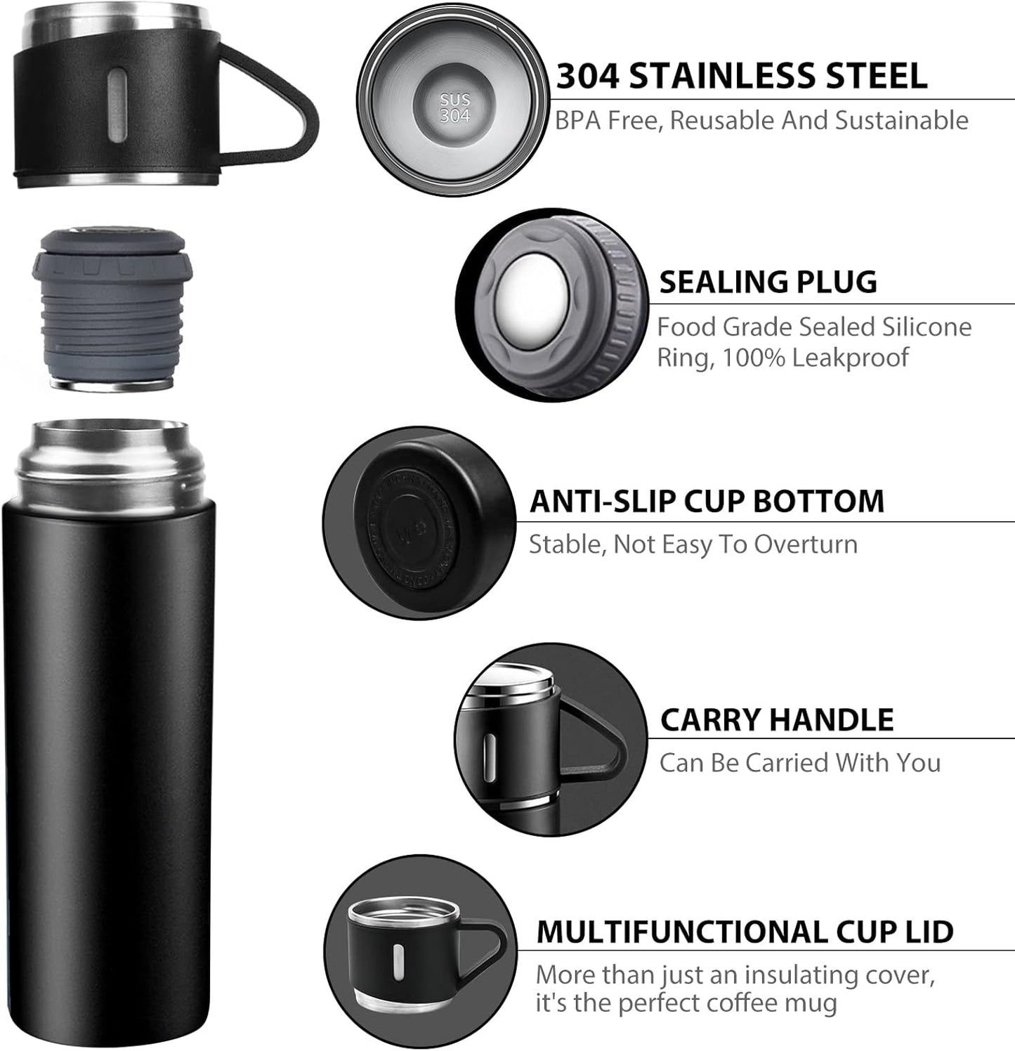 3 Cup Double-Layer Stainless Steel Vacuum Flask Set