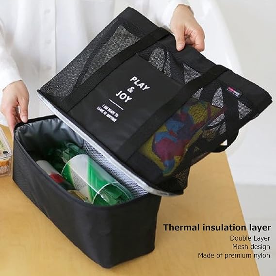 Mesh Shoulder Bag, Double Layer High Capacity Insulated with Cooler Layer for Outdoor(Black)
