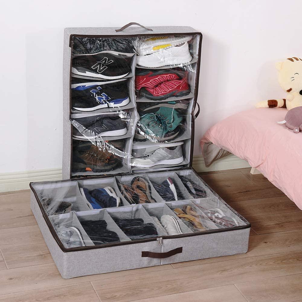 12 Pairs of Shoes Under Bed Shoe Organizer Bag Hard Solid Fabric with Clear Plastic Zip Cover Store up to