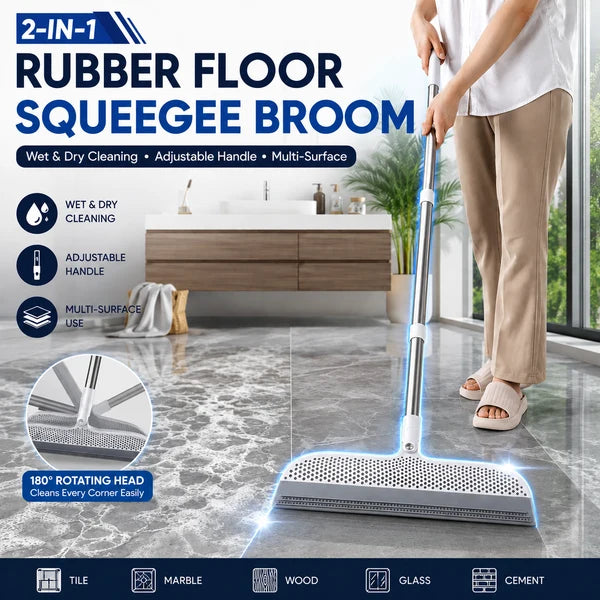 2-in-1 Rubber Floor Squeegee Broom with Extendable Handle – Wet & Dry Multi-Surface Cleaner