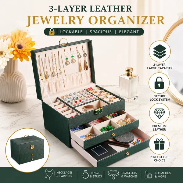 3 Layer PU Leather Jewelry Storage Organizer Box with Lock