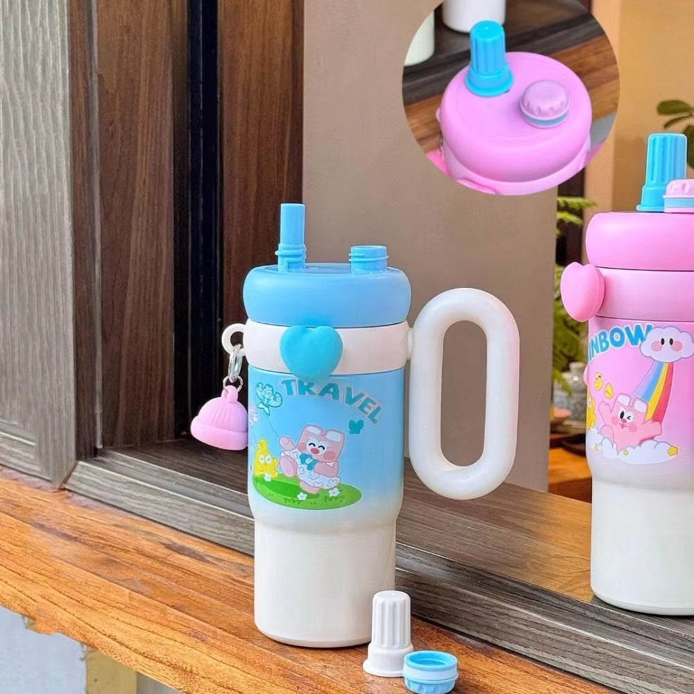 STAINLESS STEEL CUTE KAWAI PRINTED INSULATED TUMBLER SIPPER WITH STRAW AND HANDLE 850 ML