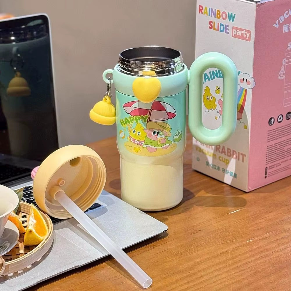 STAINLESS STEEL CUTE KAWAI PRINTED INSULATED TUMBLER SIPPER WITH STRAW AND HANDLE 850 ML