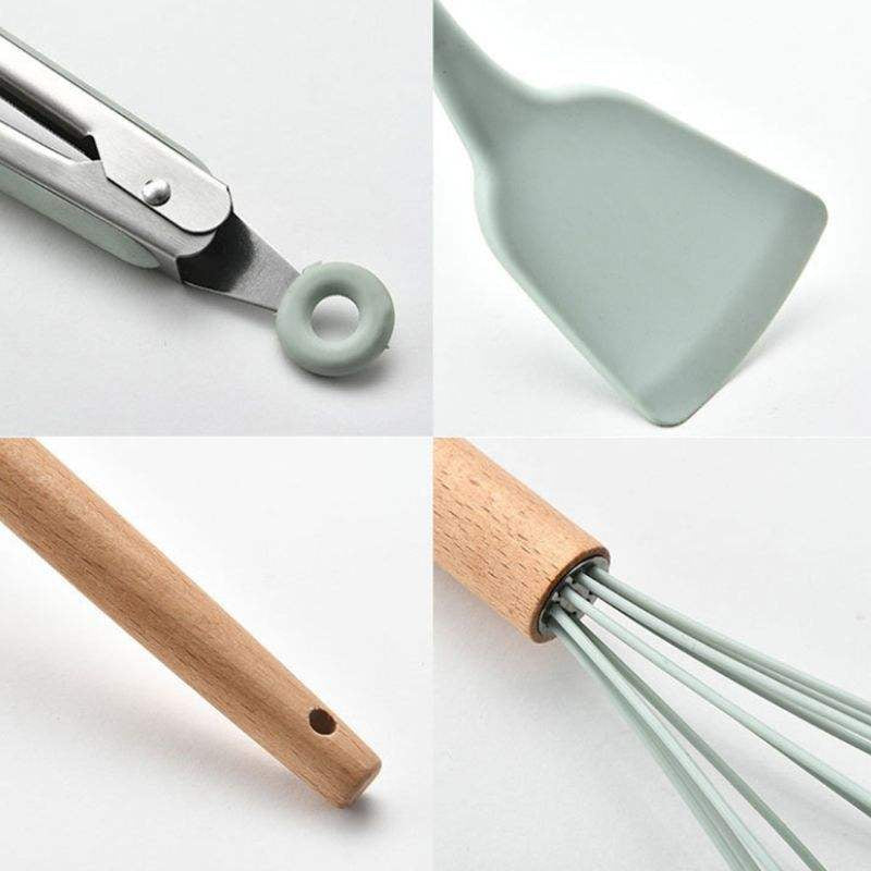 12 Pcs Silicone Kitchen Set Wooden Handle and Storage Box.