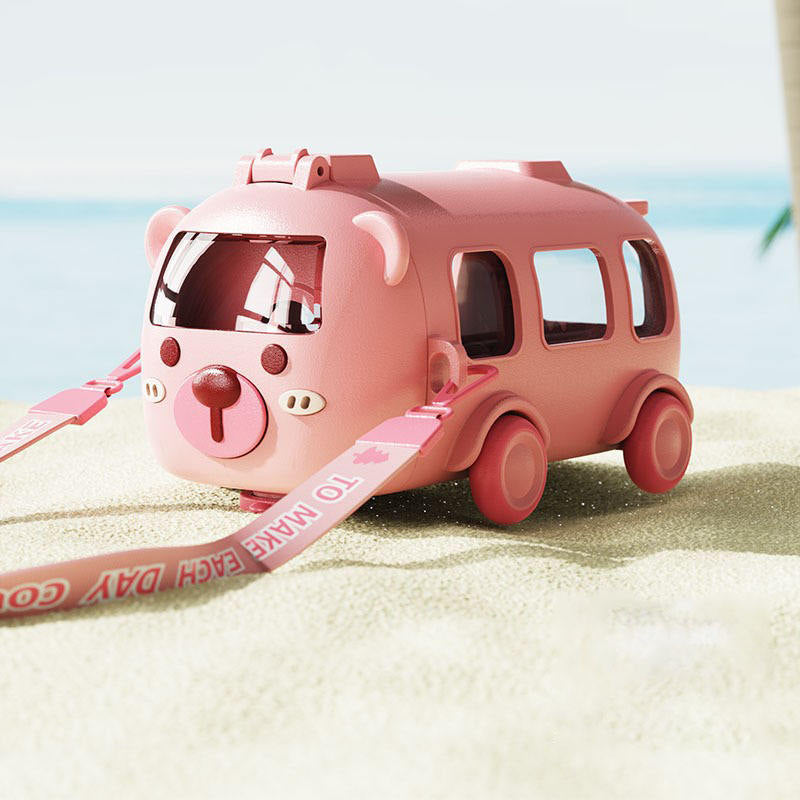 Bus car drinking plastic water bottle with straw/strap
