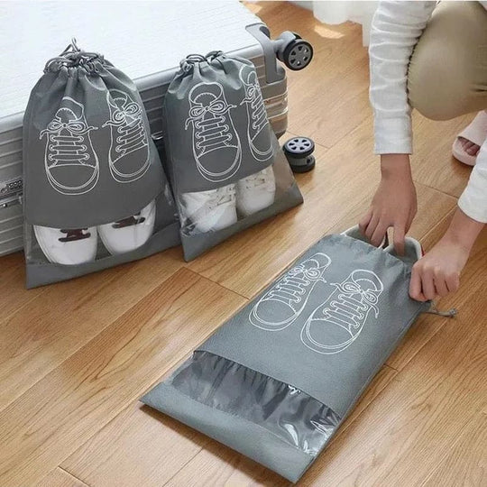 Travel Shoe Pouch, Grey Non Woven Fabric Dustproof Drawstring Bag, Breathable Storage Pouch