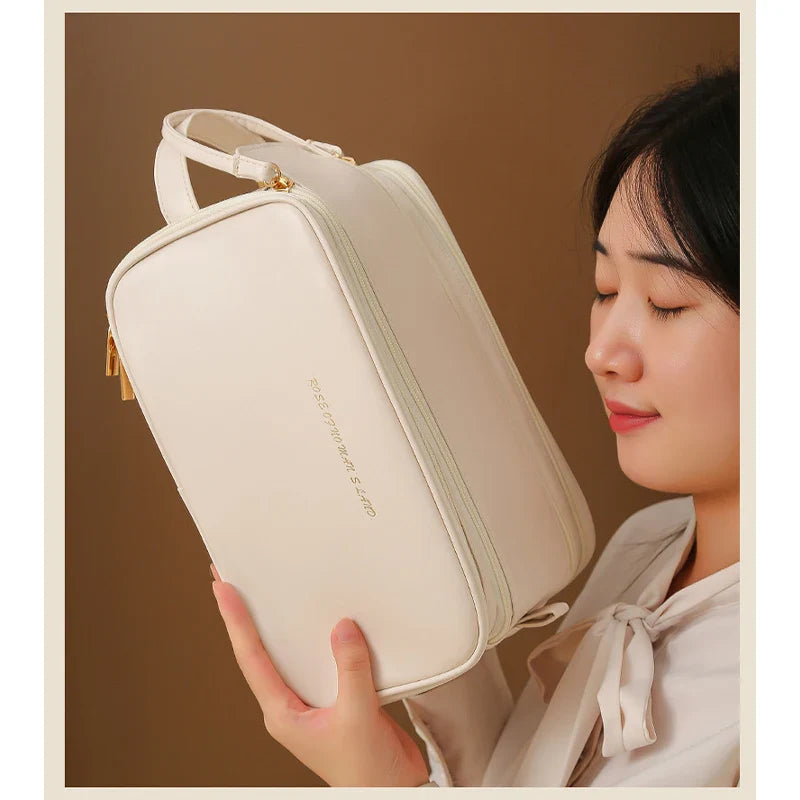 3 Layer Spacious Travel Cosmetic Bag for Women - Large Capacity & Waterproof PU Leather