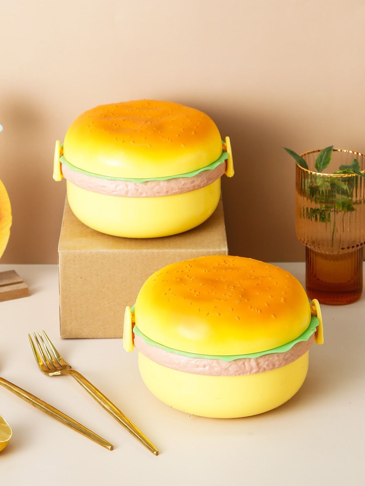 *Round Cute Burger Shape Lunch Box Perfect For School Kids 3 Layer Container Food Storage Box*