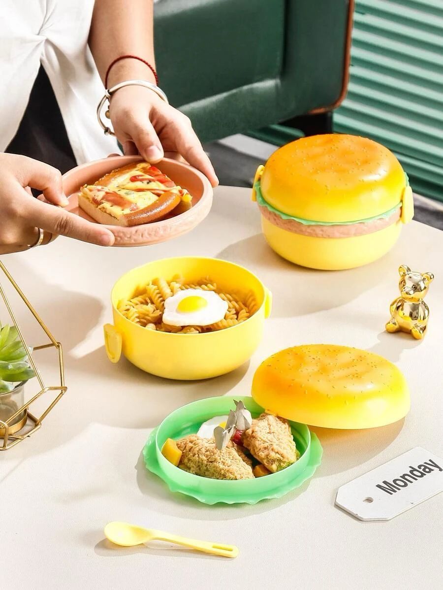 *Round Cute Burger Shape Lunch Box Perfect For School Kids 3 Layer Container Food Storage Box*