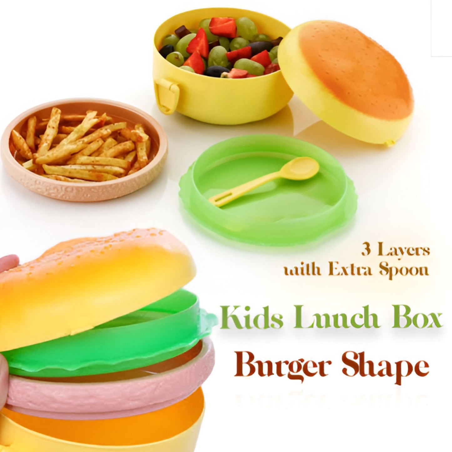 *Round Cute Burger Shape Lunch Box Perfect For School Kids 3 Layer Container Food Storage Box*
