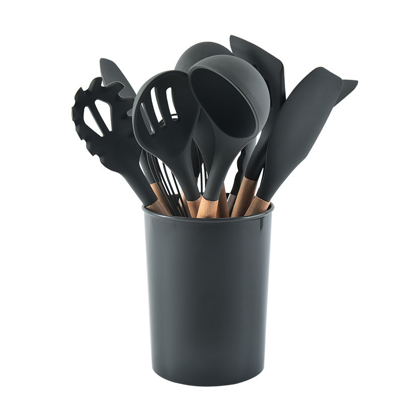 12 Pcs Silicone Kitchen Set Wooden Handle and Storage Box.