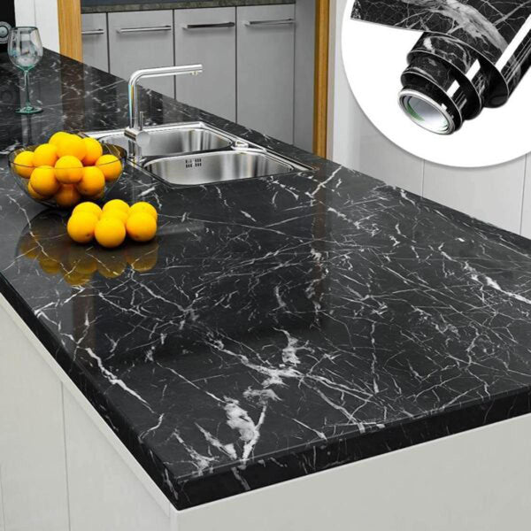 Transform Your Kitchen with Black Marble self adhesive WallPaper  - Waterproof & Easy to Apply