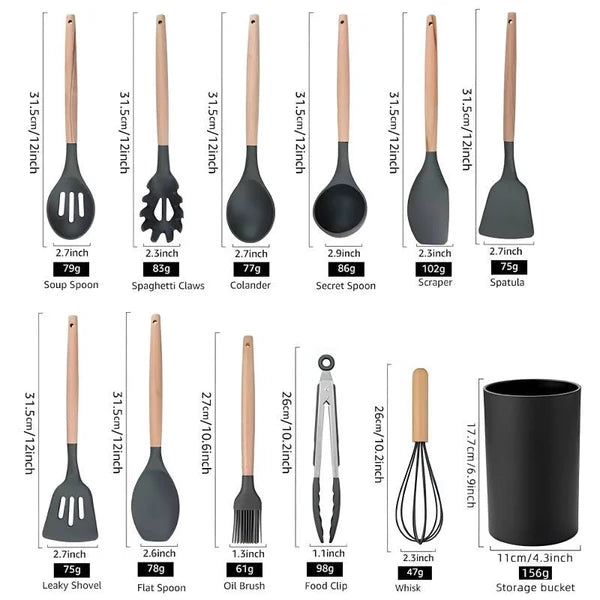 12 Pcs Silicone Kitchen Utensil Set – Heat Resistant Non‑Stick Cooking Tools with Wooden Handles