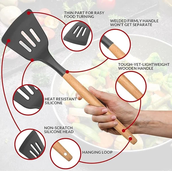 12 Pcs Silicone Kitchen Utensil Set – Heat Resistant Non‑Stick Cooking Tools with Wooden Handles