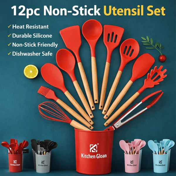 12 Pcs Silicone Kitchen Utensil Set – Heat Resistant Non‑Stick Cooking Tools with Wooden Handles