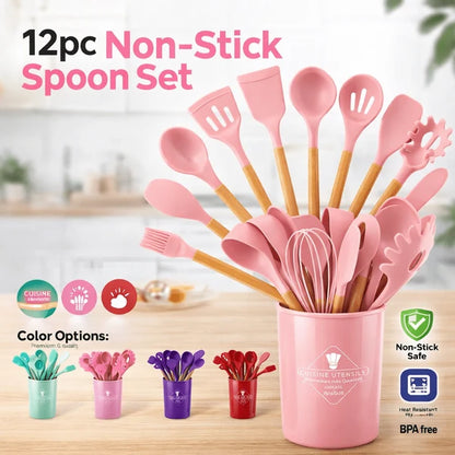 12 Pcs Silicone Kitchen Utensil Set – Heat Resistant Non‑Stick Cooking Tools with Wooden Handles
