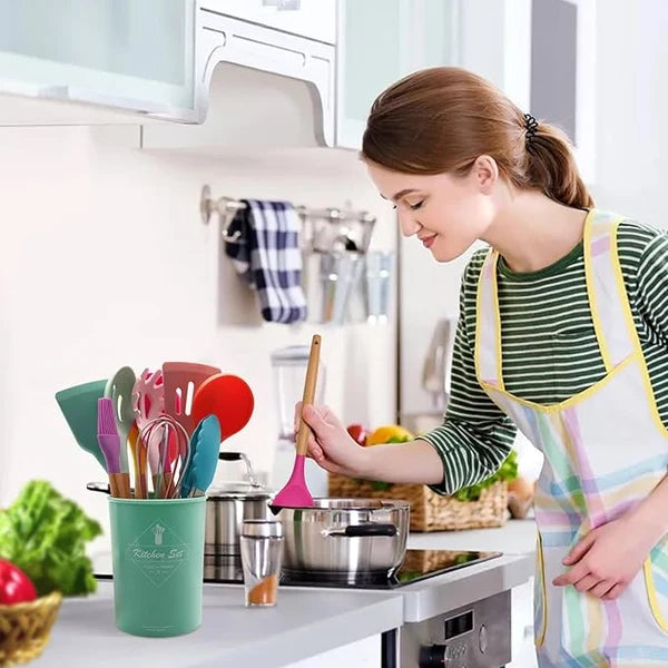 12 Pcs Silicone Kitchen Utensil Set – Heat Resistant Non‑Stick Cooking Tools with Wooden Handles