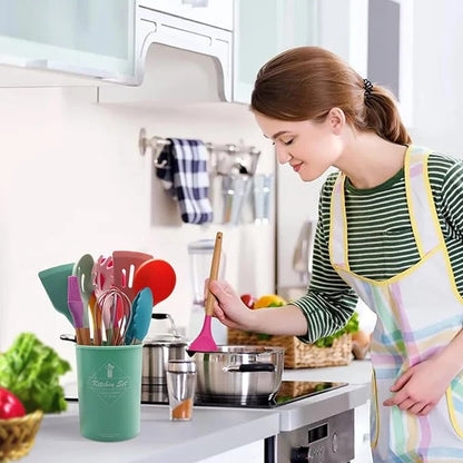 12 Pcs Silicone Kitchen Utensil Set – Heat Resistant Non‑Stick Cooking Tools with Wooden Handles