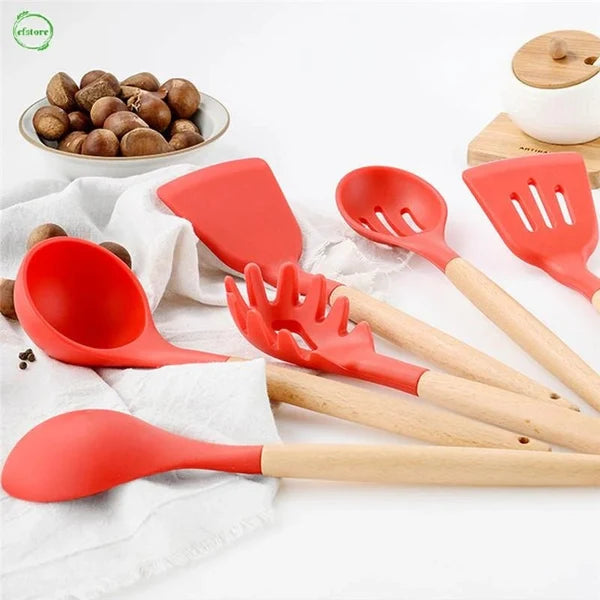 12 Pcs Silicone Kitchen Utensil Set – Heat Resistant Non‑Stick Cooking Tools with Wooden Handles