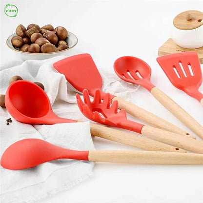 12 Pcs Silicone Kitchen Utensil Set – Heat Resistant Non‑Stick Cooking Tools with Wooden Handles