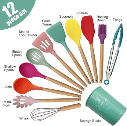 12 Pcs Silicone Kitchen Utensil Set – Heat Resistant Non‑Stick Cooking Tools with Wooden Handles