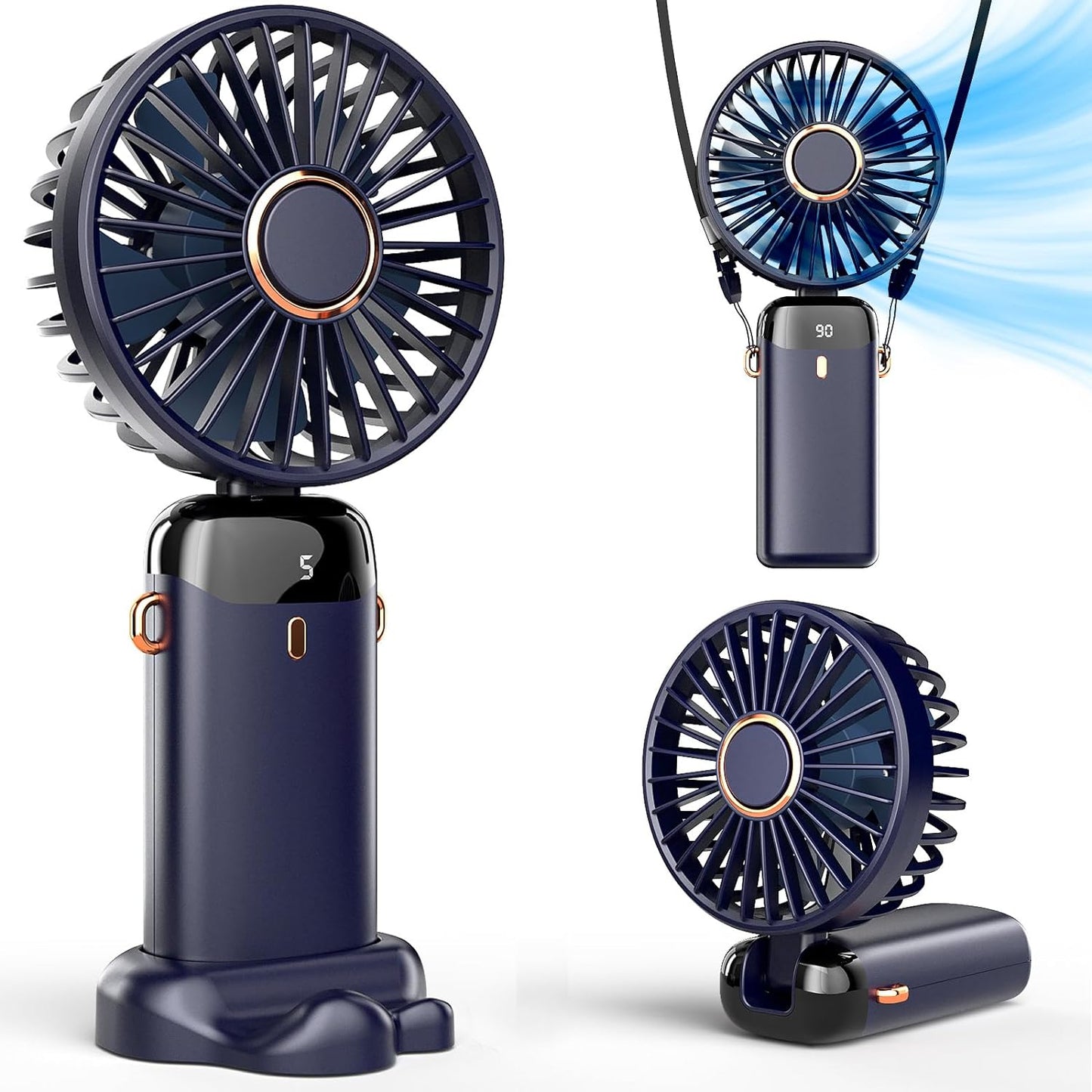 Digital Display Rechargeable 5 Speeds, 90° Ajustable  Portable Handheld Fan