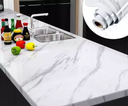 2M X 60CMTransform Your Kitchen with Heatproof, Waterproof White Marble Vinyl Wallpaper in Minutes