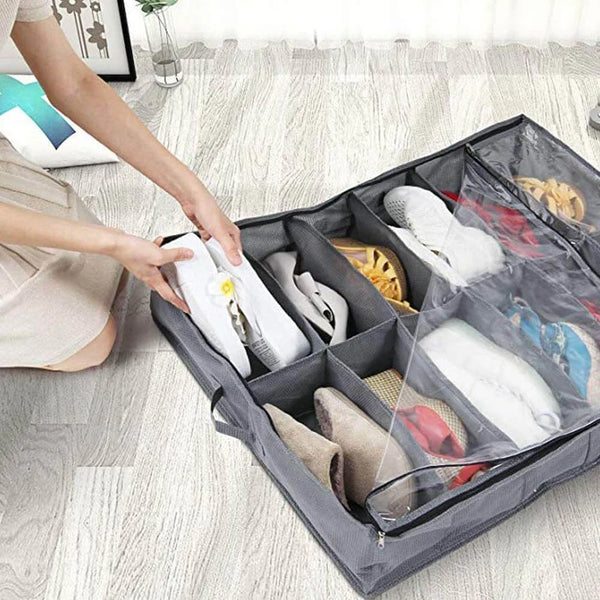 12 Pairs of Shoes Under Bed Shoe Organizer Bag Hard Solid Fabric with Clear Plastic Zip Cover Store up to