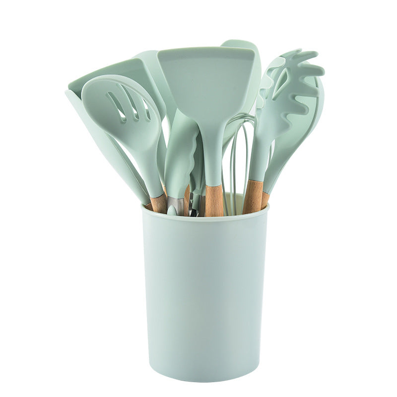 12 Pcs Silicone Kitchen Set Wooden Handle and Storage Box.