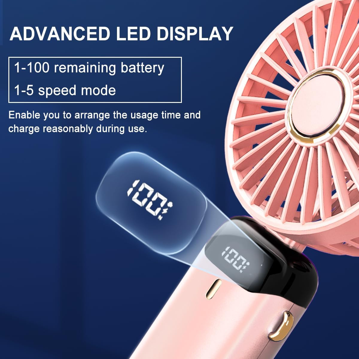 Digital Display Rechargeable 5 Speeds, 90° Ajustable  Portable Handheld Fan