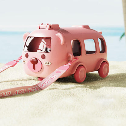 Bus car drinking plastic water bottle with straw/strap