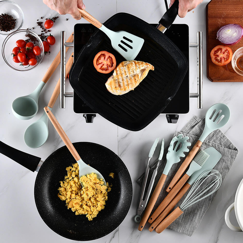 12 Pcs Silicone Kitchen Set Wooden Handle and Storage Box.