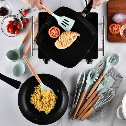 12 Pcs Silicone Kitchen Set Wooden Handle and Storage Box.