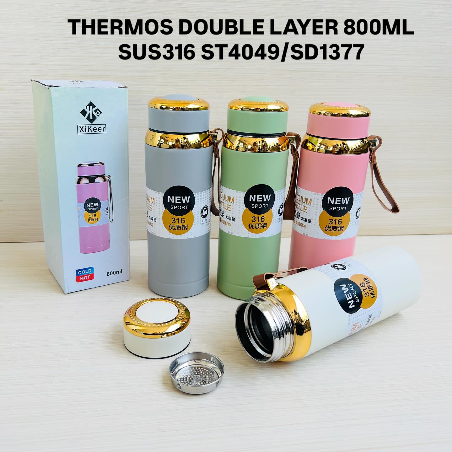 1000ml Vacuum Flask Water Bottle 316 Stainless Steel Rose Gold Lid