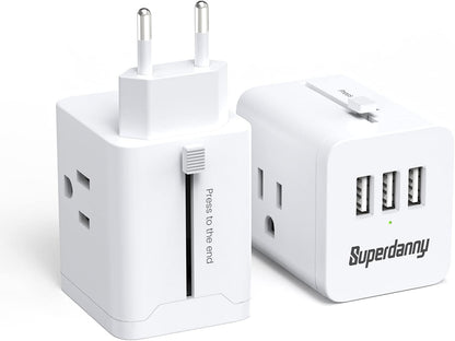 Travel Power Plug Adapter Travel Essentials 3 Outlets 3 USB Ports Slide-Out Europlug