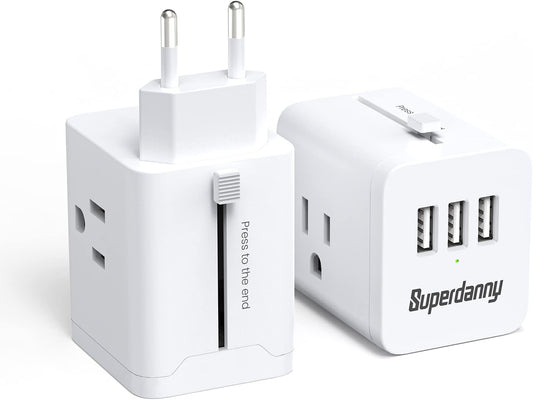 Travel Power Plug Adapter Travel Essentials 3 Outlets 3 USB Ports Slide-Out Europlug