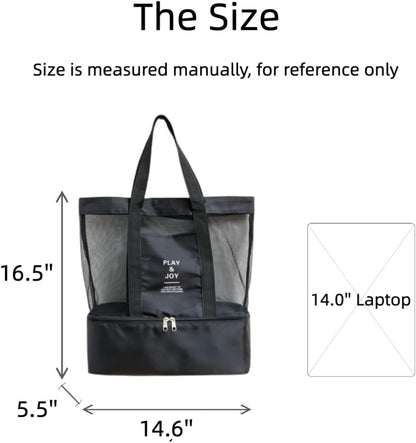 Mesh Shoulder Bag, Double Layer High Capacity Insulated with Cooler Layer for Outdoor(Black)