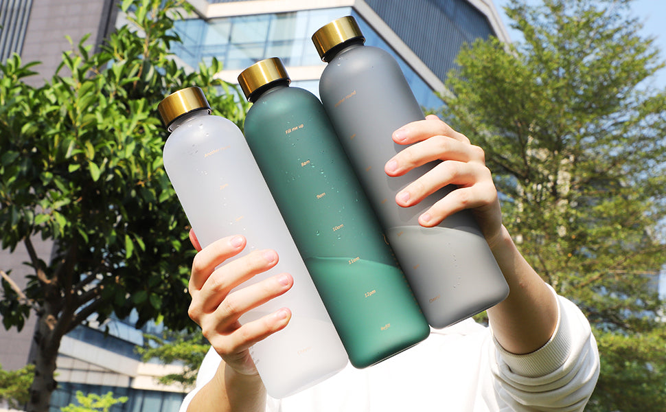 1L Water Bottle With Time Marker Outdoor Travel Leakproof Frosted Plastic