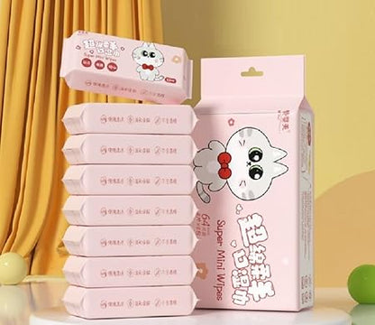 Mini Portable Disposable Baby Wipes For Face And Household Use,(PACK OF 2) Skin Care Wet Tissue Travel Children Adults, Total 64 Wipes In 8 Pouch, (Pack Of 2 Multi Colour)