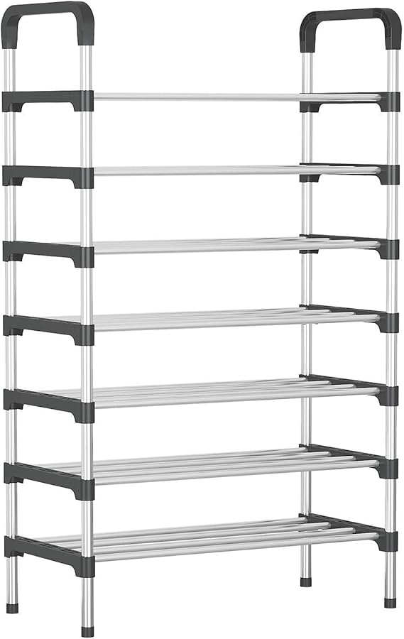 Long Stainless Steel Shoe Rack Shoe Stand Storage Organizer Shoe Cabinet Durable Portable (7 Layer, Black)