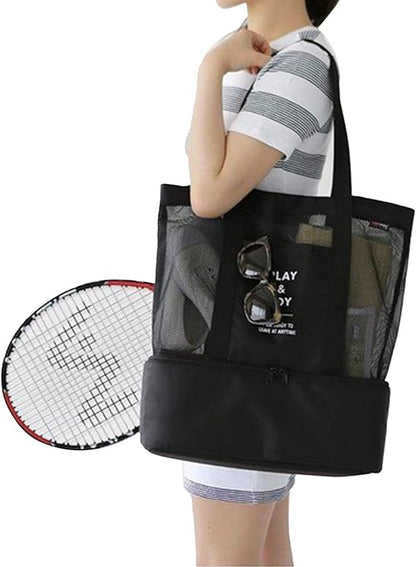 Mesh Shoulder Bag, Double Layer High Capacity Insulated with Cooler Layer for Outdoor(Black)