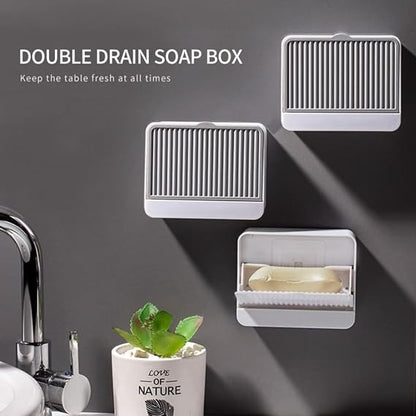 Plastic Wall-Mounted Single Bar Soap Box with Lid with Drain Drawer Large Soap Box