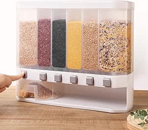 Grain Dispenser with Measuring Cup，Dry Food Dispenser Snack Dispenser Rice Storage 6 gird