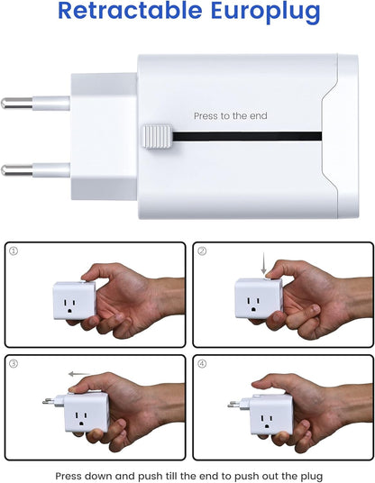 Travel Power Plug Adapter Travel Essentials 3 Outlets 3 USB Ports Slide-Out Europlug