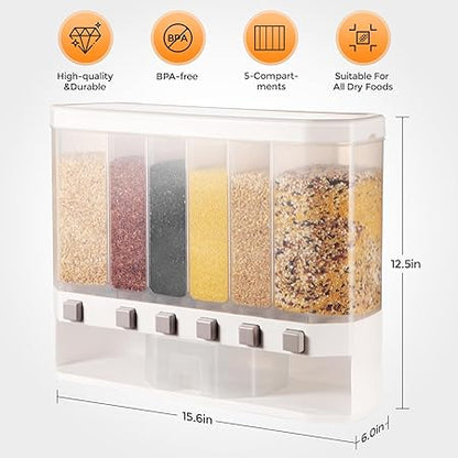 Grain Dispenser with Measuring Cup，Dry Food Dispenser Snack Dispenser Rice Storage 6 gird
