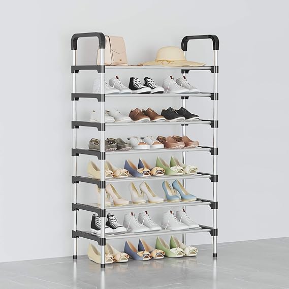 Long Stainless Steel Shoe Rack Shoe Stand Storage Organizer Shoe Cabinet Durable Portable (7 Layer, Black)